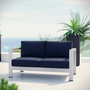 Modway Furniture Shore Outdoor Patio Loveseat - Weather-Resistant Aluminum Frame for Stylish, Comfortable Relaxation Silver Navy EEI-2267-SLV-NAV