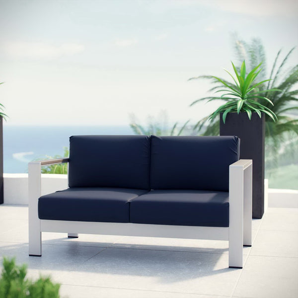 Modway Furniture Shore Outdoor Patio Loveseat - Weather-Resistant Aluminum Frame for Stylish, Comfortable Relaxation Silver Navy EEI-2267-SLV-NAV