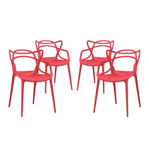 Modway Furniture Entangled Dining Set of 4 - Sculptural Molded Plastic Chairs for Modern Comfort and Style Red EEI-2348-RED-SET