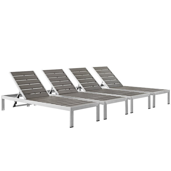 Modway Furniture Shore Outdoor Chaise Lounge Set of 4 - Sleek Aluminum with Adjustable Recline for Ultimate Comfort EEI-2468-SLV-GRY-SET