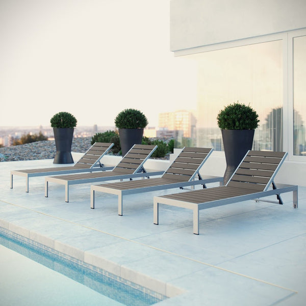 Modway Furniture Shore Outdoor Chaise Lounge Set of 4 - Sleek Aluminum with Adjustable Recline for Ultimate Comfort EEI-2468-SLV-GRY-SET