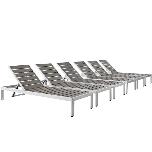 Modway Furniture Shore Outdoor Chaise Lounge Set of 6 - Adjustable Aluminum Loungers for Stylish Outdoor Relaxation EEI-2469-SLV-GRY-SET