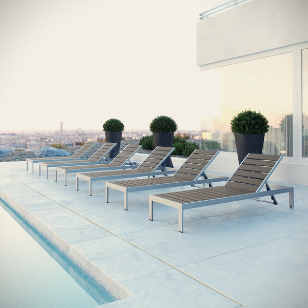 Modway Furniture Shore Outdoor Chaise Lounge Set of 6 - Adjustable Aluminum Loungers for Stylish Outdoor Relaxation EEI-2469-SLV-GRY-SET
