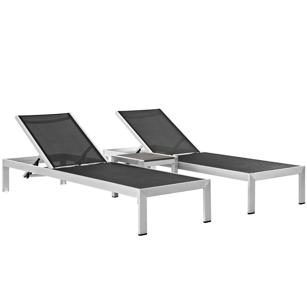 Modway Furniture Shore 3 Piece Outdoor Patio Aluminum Set – Modern Minimalist Lounge with Adjustable Reclining Comfort Silver Black EEI-2471-SLV-BLK-SET