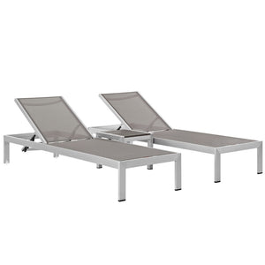 Modway Furniture Shore 3 Piece Outdoor Patio Aluminum Set – Modern Minimalist Lounge with Adjustable Reclining Comfort Silver Gray EEI-2471-SLV-GRY-SET