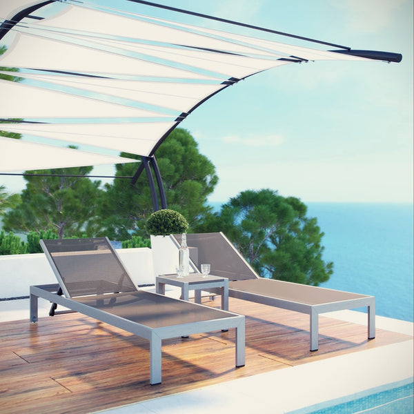 Modway Furniture Shore 3 Piece Outdoor Patio Aluminum Set – Modern Minimalist Lounge with Adjustable Reclining Comfort Silver Gray EEI-2471-SLV-GRY-SET