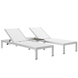 Modway Furniture Shore 3 Piece Outdoor Patio Aluminum Set – Modern Minimalist Lounge with Adjustable Reclining Comfort Silver White EEI-2471-SLV-WHI-SET