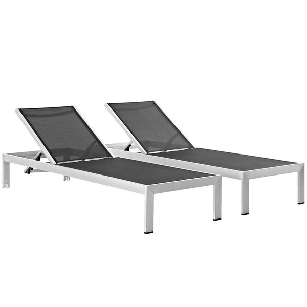 Modway Furniture Shore Outdoor Patio Chaise Lounge Set of 2 - Stylish Aluminum Frame with Adjustable Comfort Options Silver Black EEI-2472-SLV-BLK-SET