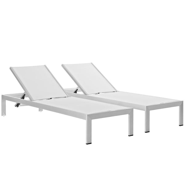 Modway Furniture Shore Outdoor Patio Chaise Lounge Set of 2 - Stylish Aluminum Frame with Adjustable Comfort Options Silver White EEI-2472-SLV-WHI-SET