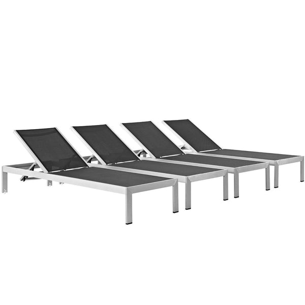 Modway Furniture Shore Outdoor Patio Chaise Set of 4 - Modern, Durable Sun Loungers with Adjustable Recline & Style Silver Black EEI-2473-SLV-BLK-SET