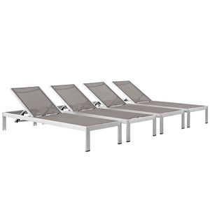Modway Furniture Shore Outdoor Patio Chaise Set of 4 - Modern, Durable Sun Loungers with Adjustable Recline & Style Silver Gray EEI-2473-SLV-GRY-SET