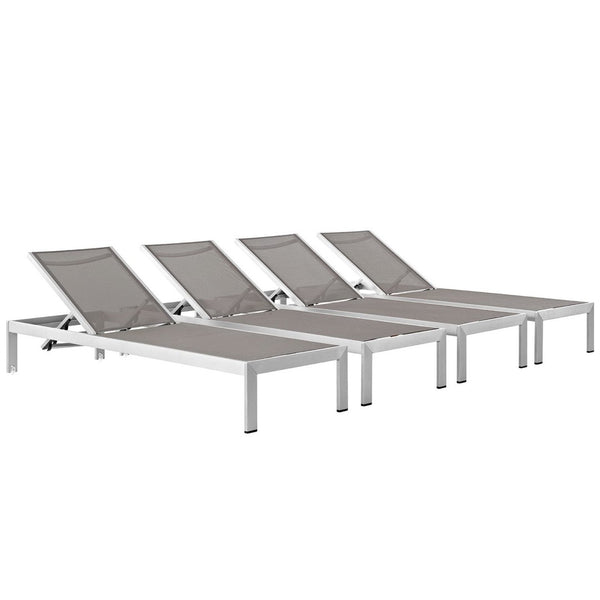 Modway Furniture Shore Outdoor Patio Chaise Set of 4 - Modern, Durable Sun Loungers with Adjustable Recline & Style Silver Gray EEI-2473-SLV-GRY-SET
