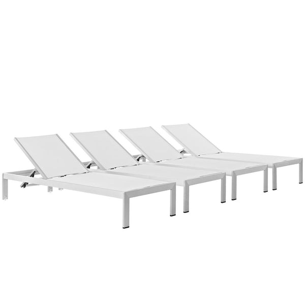 Modway Furniture Shore Outdoor Patio Chaise Set of 4 - Modern, Durable Sun Loungers with Adjustable Recline & Style Silver White EEI-2473-SLV-WHI-SET