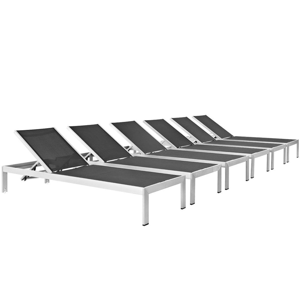 Modway Furniture Shore Outdoor Patio Chaise Lounge Set of 6 - Stylish, Adjustable, and Durable for Ultimate Relaxation Silver Black EEI-2474-SLV-BLK-SET