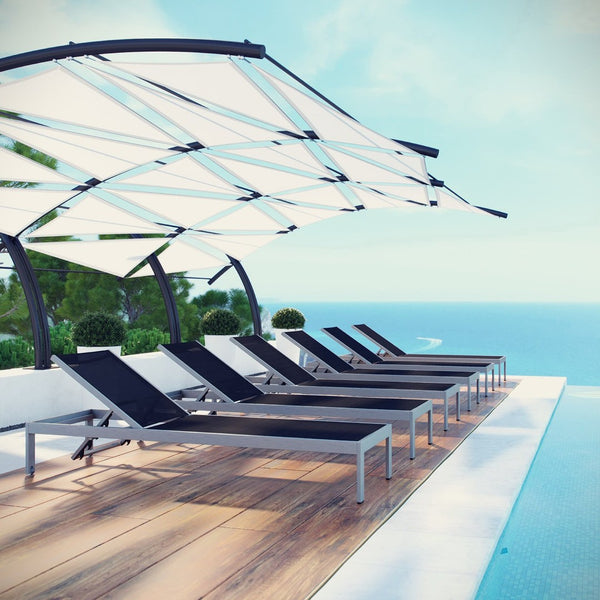 Modway Furniture Shore Outdoor Patio Chaise Lounge Set of 6 - Stylish, Adjustable, and Durable for Ultimate Relaxation Silver Black EEI-2474-SLV-BLK-SET