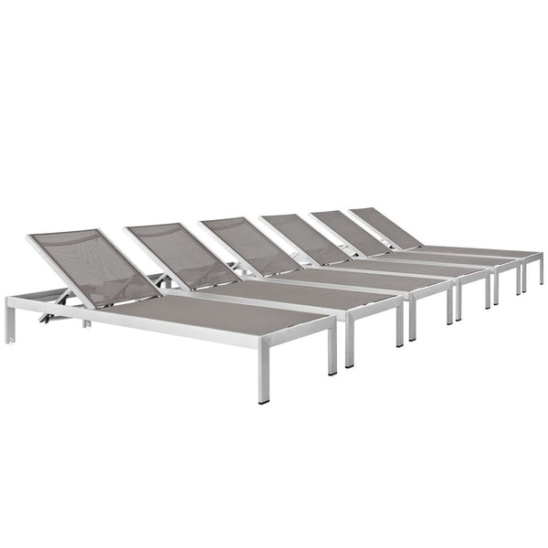Modway Furniture Shore Outdoor Patio Chaise Lounge Set of 6 - Stylish, Adjustable, and Durable for Ultimate Relaxation Silver Gray EEI-2474-SLV-GRY-SET