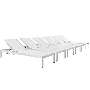 Modway Furniture Shore Outdoor Patio Chaise Lounge Set of 6 - Stylish, Adjustable, and Durable for Ultimate Relaxation Silver White EEI-2474-SLV-WHI-SET