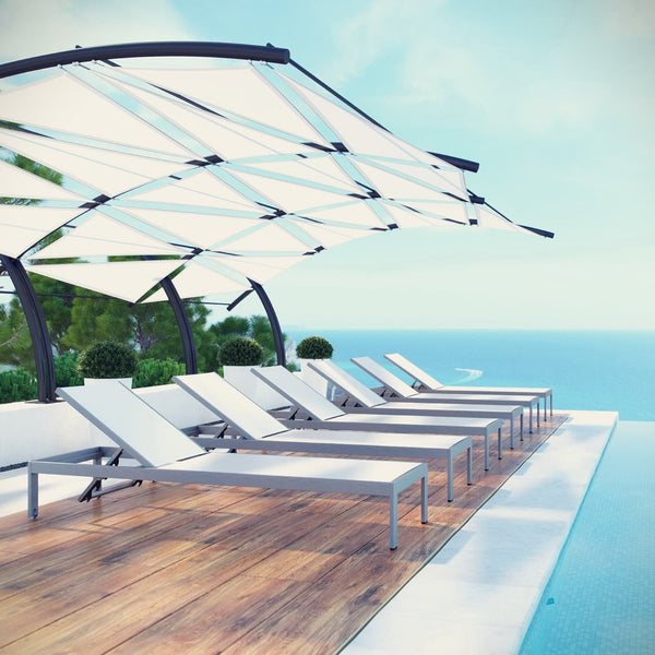 Modway Furniture Shore Outdoor Patio Chaise Lounge Set of 6 - Stylish, Adjustable, and Durable for Ultimate Relaxation Silver White EEI-2474-SLV-WHI-SET