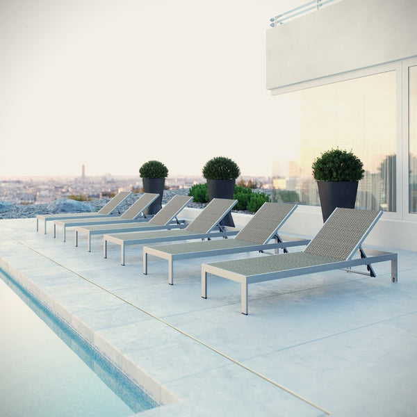 Modway Furniture Shore Outdoor Patio Chaise Lounge Set of 6 - Stylish, Durable, Adjustable Rattan Chairs for Relaxation EEI-2479-SLV-GRY-SET