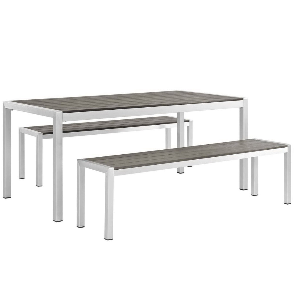 Modway Furniture Shore 3 Piece Outdoor Dining Set - Sleek Aluminum Frame with Wood Accents for Modern Patios EEI-2480-SLV-GRY-SET