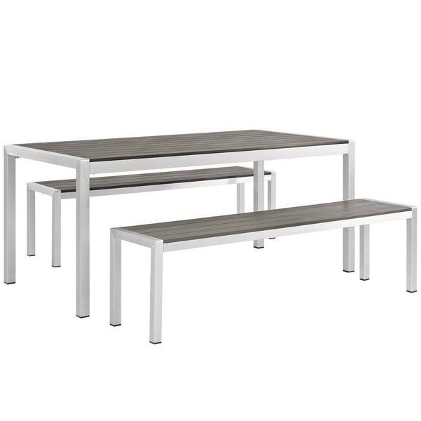 Modway Furniture Shore 3 Piece Outdoor Dining Set - Sleek Aluminum Frame with Wood Accents for Modern Patios EEI-2480-SLV-GRY-SET