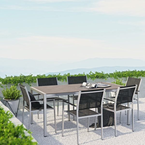 Modway Furniture Shore 7-Piece Modern Aluminum Outdoor Dining Set - Chic, Durable, Weather-Resistant Patio Furniture EEI-2486-SLV-BLK-SET