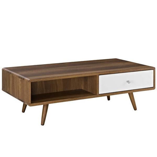 Modway Furniture Transmit Coffee Table - Mid-Century Modern Design with Storage, Walnut Finish & White Drawer EEI-2528-WAL-WHI