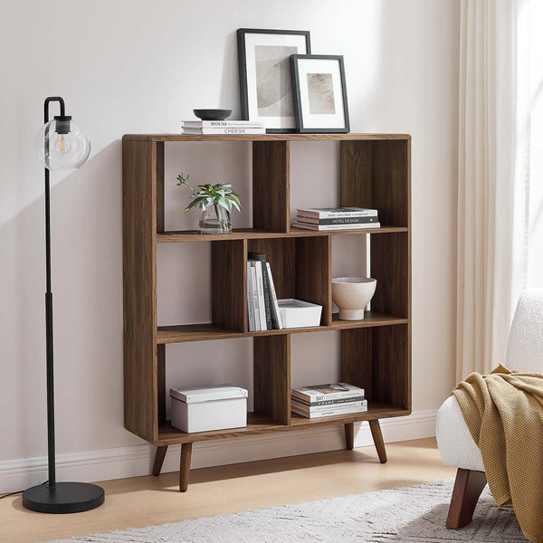 Modway Furniture Transmit 7 Shelf Wood Grain Bookcase - Modern Mid-Century Design for Stylish Home Organization Walnut EEI-2529-WAL