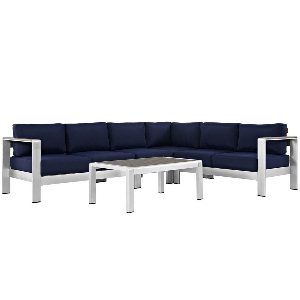 Modway Furniture Shore 5-Piece Outdoor Aluminum Sectional Sofa Set - Durable, Stylish, Low Maintenance for Patios Silver Navy EEI-2557-SLV-NAV