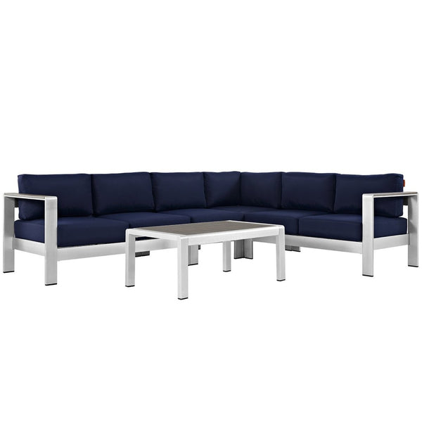 Modway Furniture Shore 5-Piece Outdoor Aluminum Sectional Sofa Set - Durable, Stylish, Low Maintenance for Patios Silver Navy EEI-2557-SLV-NAV