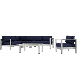 Modway Furniture Shore 6-Piece Outdoor Sectional Sofa Set by Modway - Modern, Durable Aluminum for Stylish Patios Silver Navy EEI-2558-SLV-NAV
