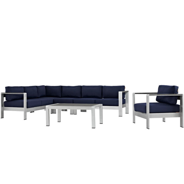 Modway Furniture Shore 6-Piece Outdoor Sectional Sofa Set by Modway - Modern, Durable Aluminum for Stylish Patios Silver Navy EEI-2558-SLV-NAV