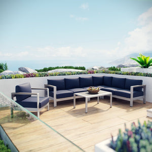 Modway Furniture Shore 6-Piece Outdoor Sectional Sofa Set by Modway - Modern, Durable Aluminum for Stylish Patios Silver Navy EEI-2558-SLV-NAV