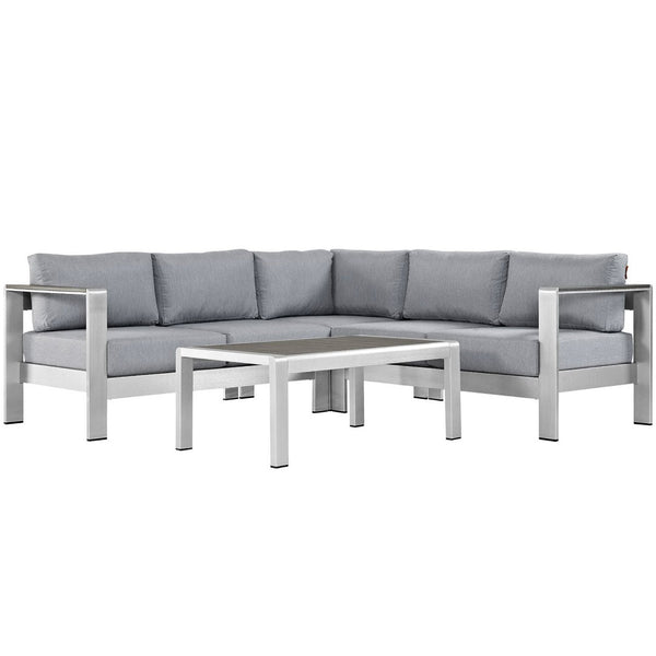 Modway Furniture Shore 4 Piece Outdoor Aluminum Sectional Sofa Set - Durable, Weather-Resistant, Stylish Comfort Silver Gray EEI-2559-SLV-GRY