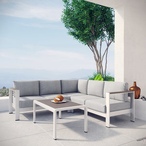 Modway Furniture Shore 4 Piece Outdoor Aluminum Sectional Sofa Set - Durable, Weather-Resistant, Stylish Comfort Silver Gray EEI-2559-SLV-GRY