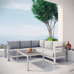 Modway Furniture Shore 4 Piece Outdoor Aluminum Sectional Sofa Set - Durable, Weather-Resistant, Stylish Comfort Silver Gray EEI-2559-SLV-GRY