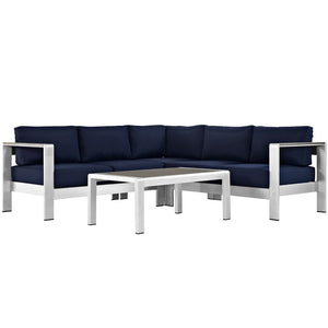 Modway Furniture Shore 4 Piece Outdoor Aluminum Sectional Sofa Set - Durable, Weather-Resistant, Stylish Comfort Silver Navy EEI-2559-SLV-NAV