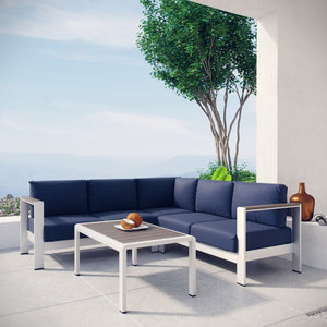 Modway Furniture Shore 4 Piece Outdoor Aluminum Sectional Sofa Set - Durable, Weather-Resistant, Stylish Comfort Silver Navy EEI-2559-SLV-NAV