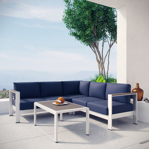 Modway Furniture Shore 4 Piece Outdoor Aluminum Sectional Sofa Set - Durable, Weather-Resistant, Stylish Comfort Silver Navy EEI-2559-SLV-NAV