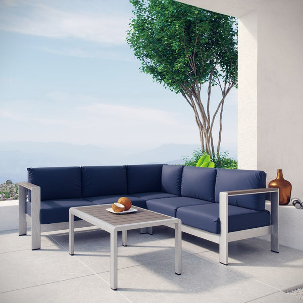Modway Furniture Shore 4 Piece Outdoor Aluminum Sectional Sofa Set - Durable, Weather-Resistant, Stylish Comfort Silver Navy EEI-2559-SLV-NAV