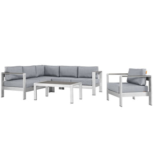 Modway Furniture Shore 5 Piece Outdoor Aluminum Sectional Sofa Set – Modern, Durable Comfort for Your Patio Space Silver Gray EEI-2560-SLV-GRY