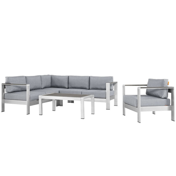 Modway Furniture Shore 5 Piece Outdoor Aluminum Sectional Sofa Set – Modern, Durable Comfort for Your Patio Space Silver Gray EEI-2560-SLV-GRY