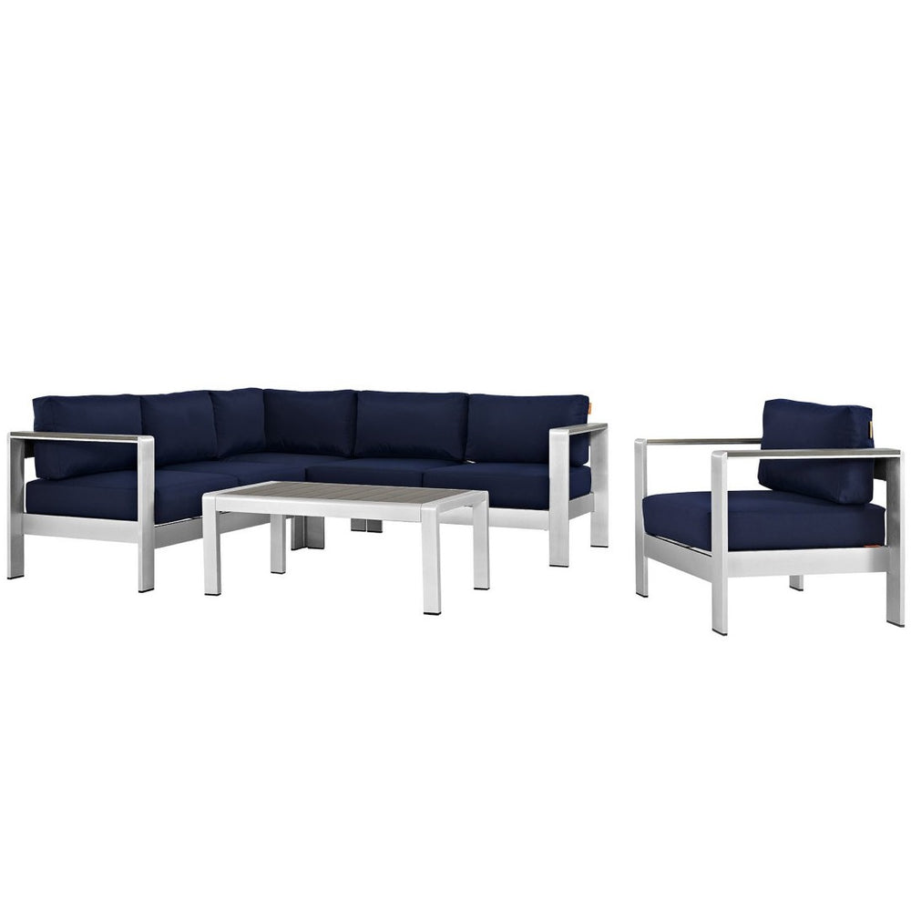 Modway Furniture Shore 5 Piece Outdoor Aluminum Sectional Sofa Set – Modern, Durable Comfort for Your Patio Space Silver Navy EEI-2560-SLV-NAV