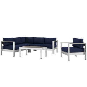 Modway Furniture Shore 5 Piece Outdoor Aluminum Sectional Sofa Set – Modern, Durable Comfort for Your Patio Space Silver Navy EEI-2560-SLV-NAV