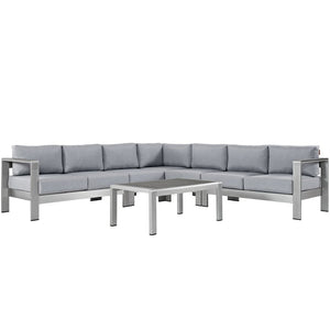 Modway Furniture Shore 6-Piece Modular Outdoor Aluminum Sectional Sofa Set with Plush Cushions for Relaxed Comfort Silver Gray EEI-2561-SLV-GRY