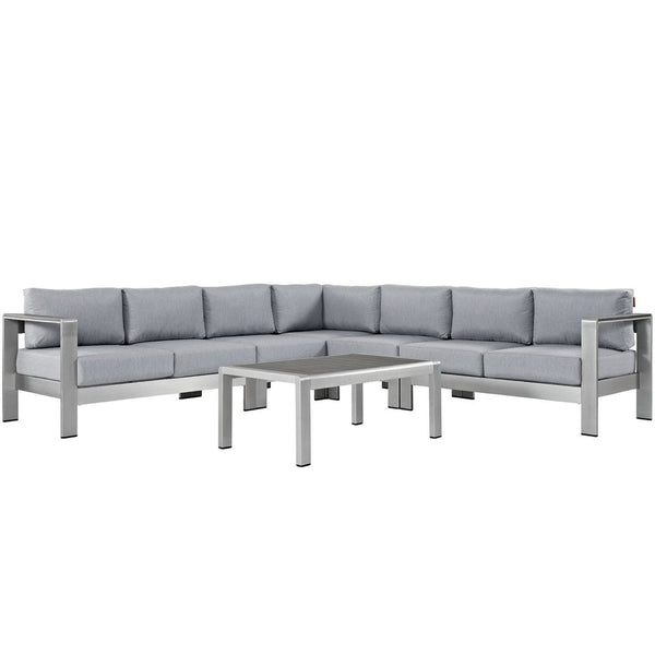 Modway Furniture Shore 6-Piece Modular Outdoor Aluminum Sectional Sofa Set with Plush Cushions for Relaxed Comfort Silver Gray EEI-2561-SLV-GRY