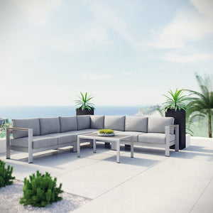 Modway Furniture Shore 6-Piece Modular Outdoor Aluminum Sectional Sofa Set with Plush Cushions for Relaxed Comfort Silver Gray EEI-2561-SLV-GRY