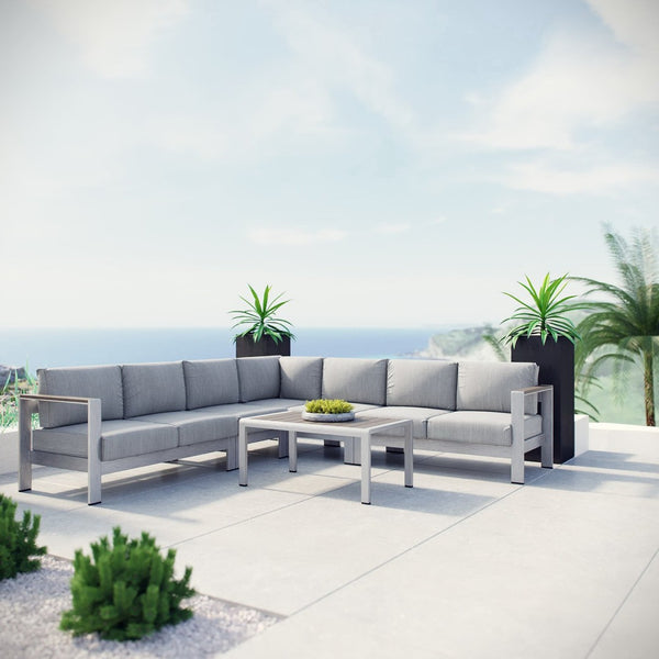 Modway Furniture Shore 6-Piece Modular Outdoor Aluminum Sectional Sofa Set with Plush Cushions for Relaxed Comfort Silver Gray EEI-2561-SLV-GRY