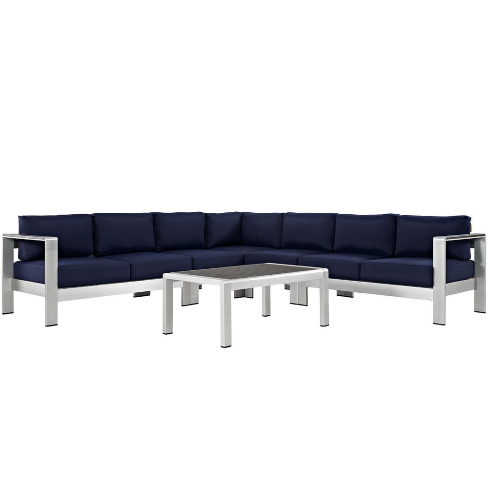 Modway Furniture Shore 6-Piece Modular Outdoor Aluminum Sectional Sofa Set with Plush Cushions for Relaxed Comfort Silver Navy EEI-2561-SLV-NAV