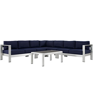 Modway Furniture Shore 6-Piece Modular Outdoor Aluminum Sectional Sofa Set with Plush Cushions for Relaxed Comfort Silver Navy EEI-2561-SLV-NAV